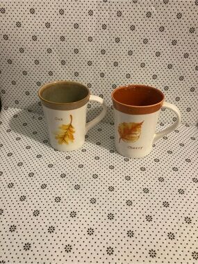 Starbucks Cherry Leaf & Oak Leaf Ceramic Mugs 2007 Fall Autumn 13 oz Set of 2